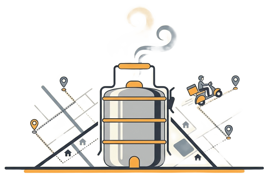 Illustration of a tiffin carrier with delivery routes.
